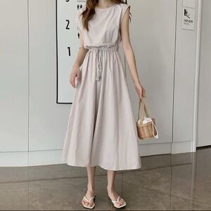 NWT beige Cotton Blend Round Neck drawstring waist midi dress Large